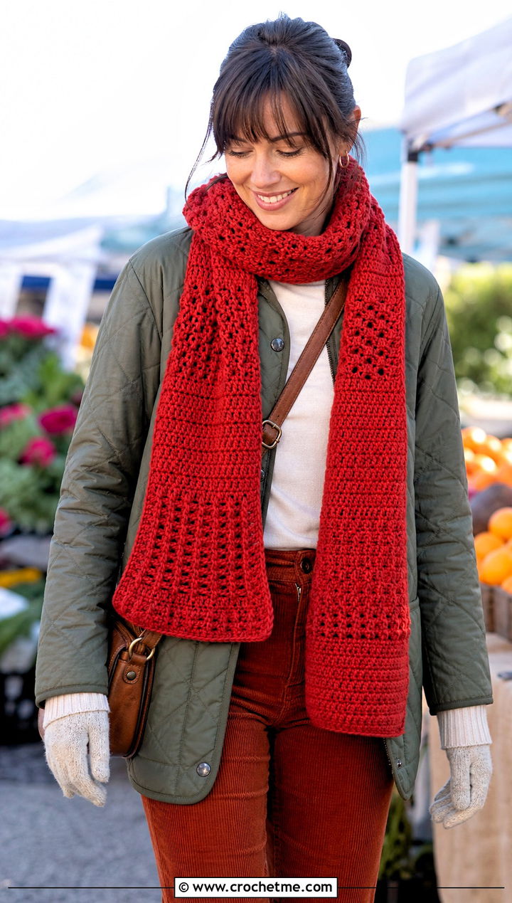 Mixed Stitch Sampler Scarf With Quilted Jacket - 20 Crochet Stitch Sampler Scarf outfit ideas
