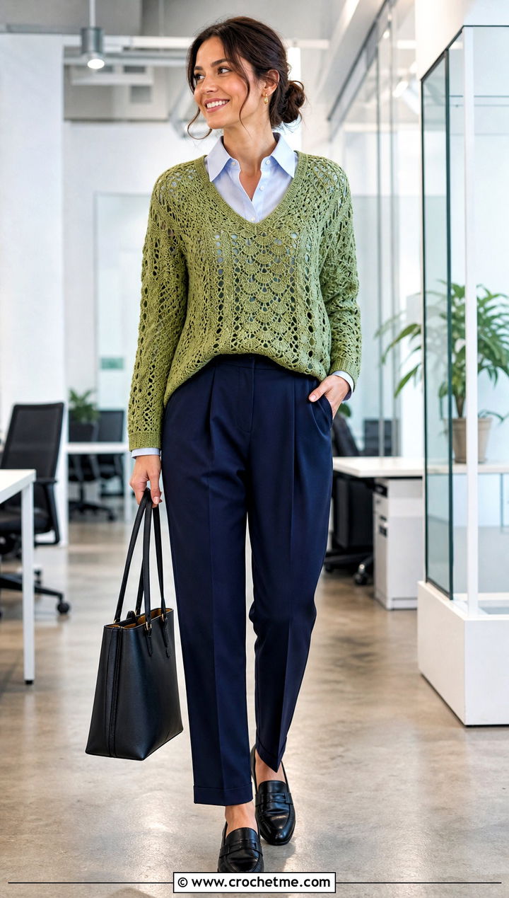 Mixed Stitch V Neck Sweater With Tailored Pants - 15 Freeform Crochet Sweater Ideas