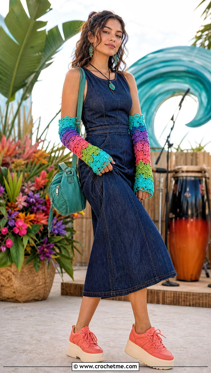 Moana Crochet Arm Warmers With A Denim Dress - 35 crochet moana outfit ideas