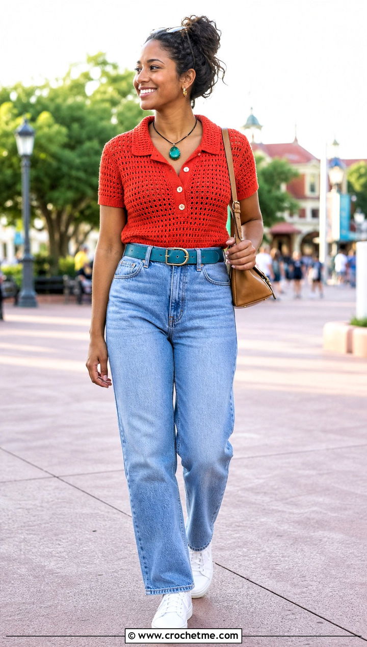 Moana Crochet Polo Top With Straight Leg Jeans - 35 crochet moana outfit ideas