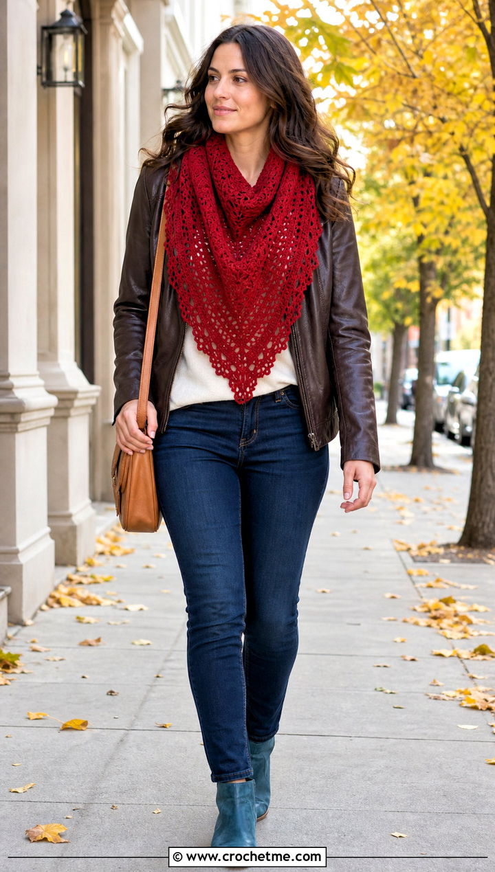Moana Crochet Triangle Scarf With Leather Jacket - 35 crochet moana outfit ideas