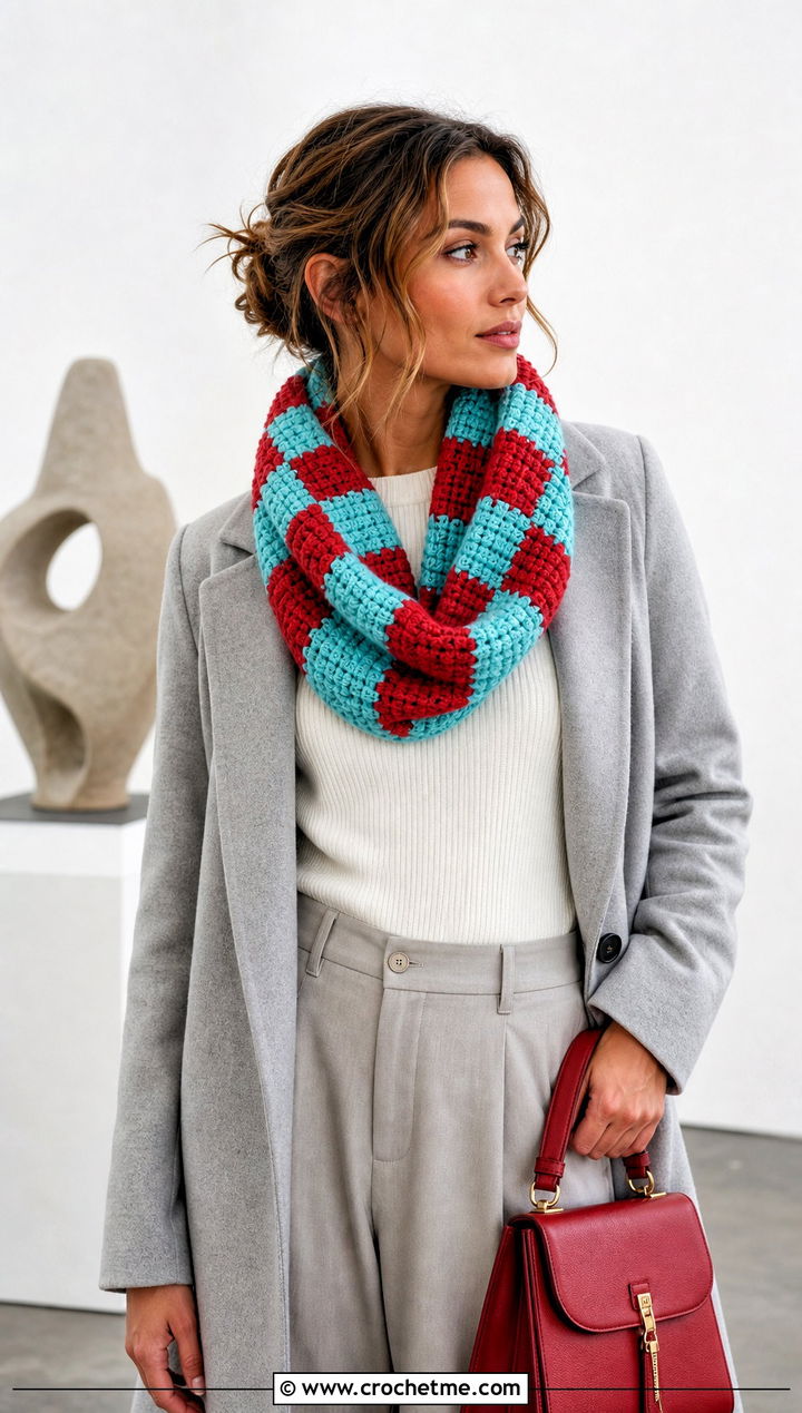 Mobius Buffalo Plaid Crochet Scarf With Monochrome Outfit - 15 buffalo plaid crochet scarf outfit ideas
