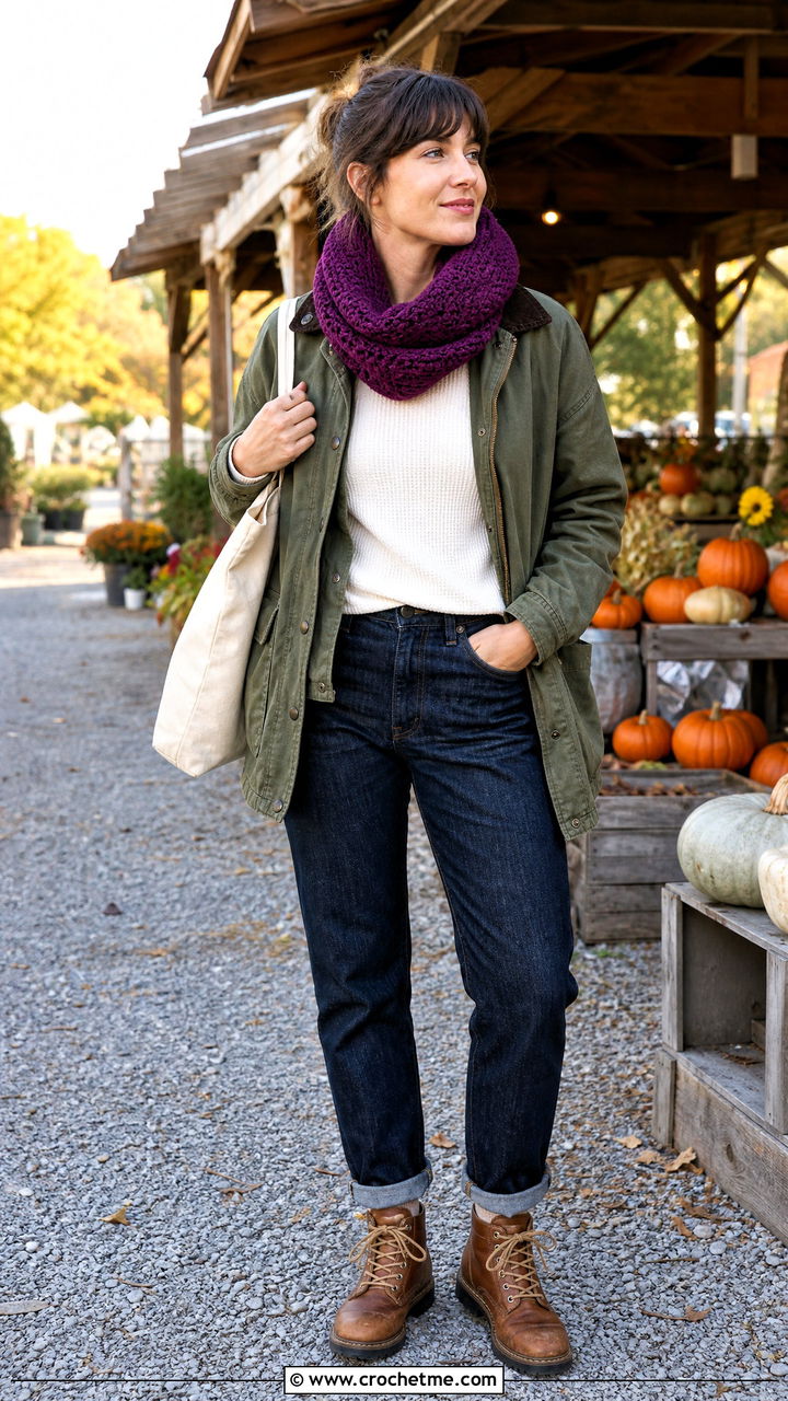 Mobius Crochet Cowl Neck Warmer With Barn Jacket Outfit - 35 crochet cowl neck warmer outfit ideas
