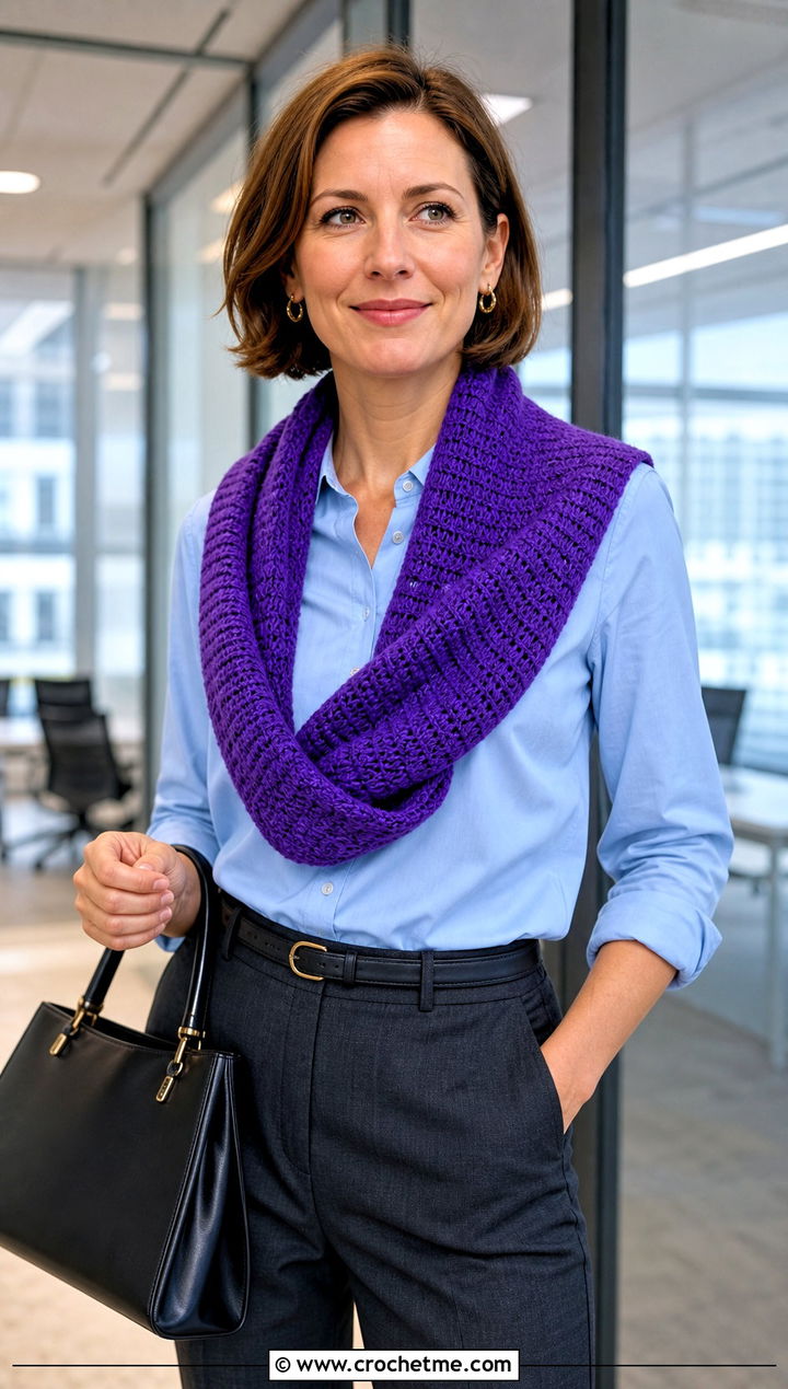 Mobius Crochet Cowl Shawl With Tailored Trousers - 20 crochet cowl shawl outfit ideas
