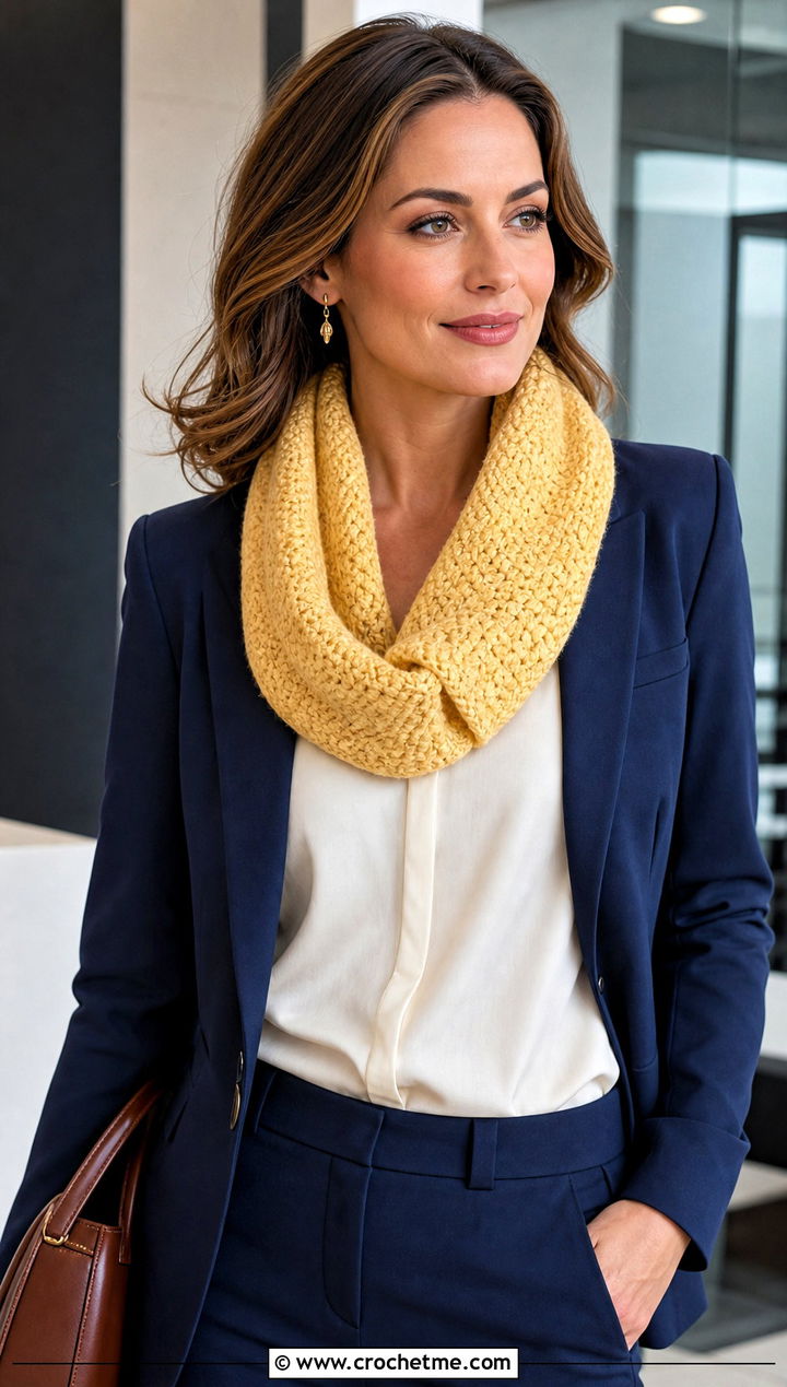 Mobius Crochet Cowl With Blazer And Trousers - 15 1 Skein Crochet Cowl outfit ideas