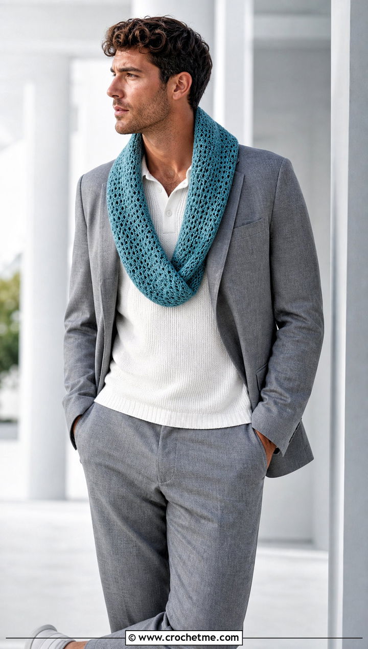 Mobius Crochet Cowl With Relaxed Suit - 25 Men Crochet Cowl outfit ideas