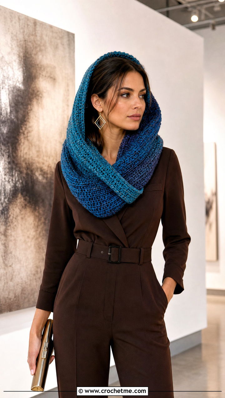 Mobius Crochet Hooded Infinity Cowl With Tailored Jumpsuit - 15 crochet infinity scarf with hood outfit ideas