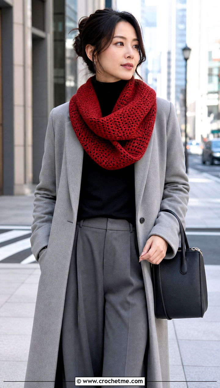 Mobius Crochet Infinity Scarf With Tailored Coat - 25 infinite crochet scarf outfit ideas