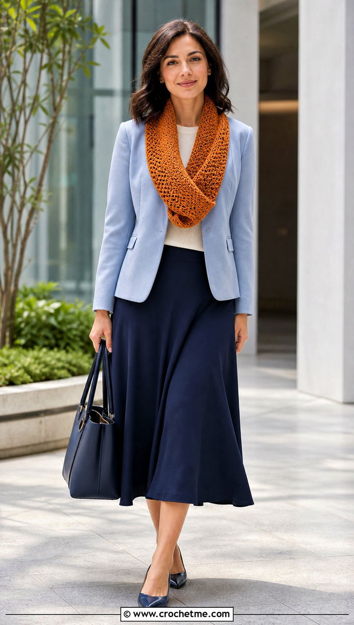 Mobius Crochet Scarf With Blazer And Midi Skirt - 35 easy crochet scarf for beginners outfit ideas