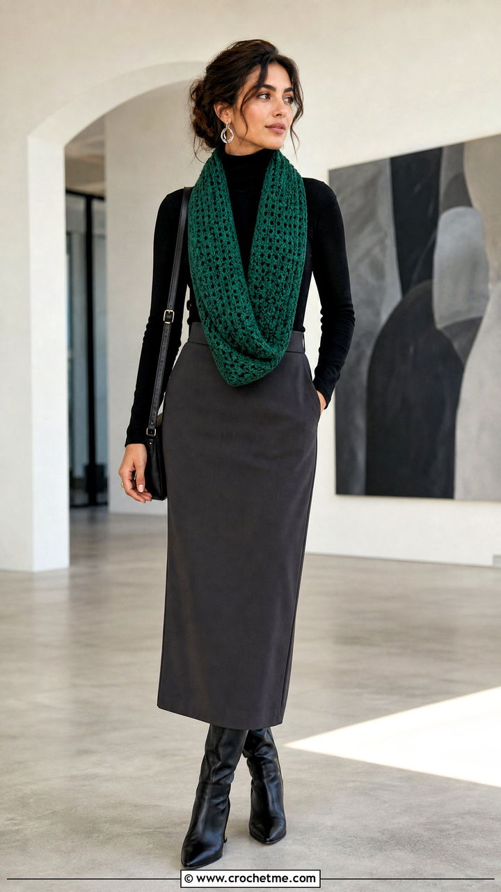 Mobius Crochet Scarf With Turtleneck and Column Skirt - 35 easy one skein crochet scarf outfit ideas