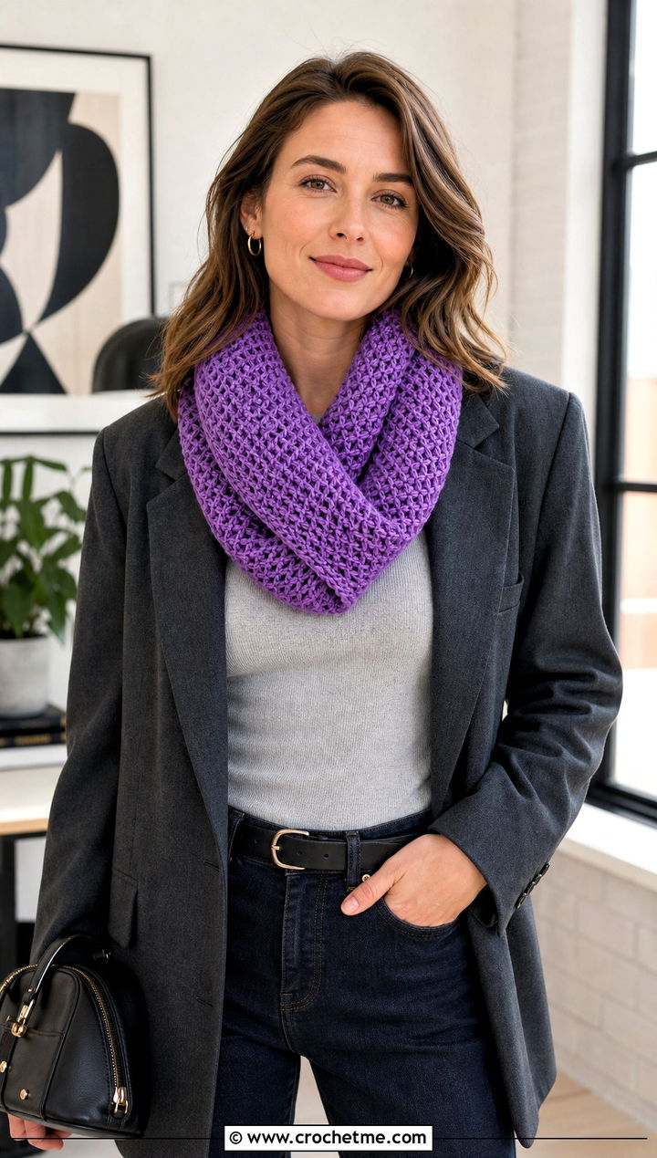 Mobius Crochet Snood Cowl With Blazer And Jeans - 20 crochet snood cowl outfit ideas