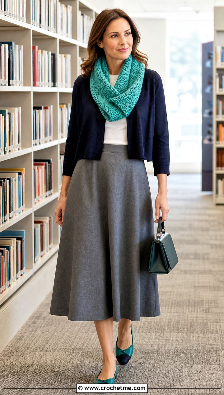Mobius Crocheted Cowl With Cardigan And Midi Skirt - 25 Crocheted Cowl outfit ideas