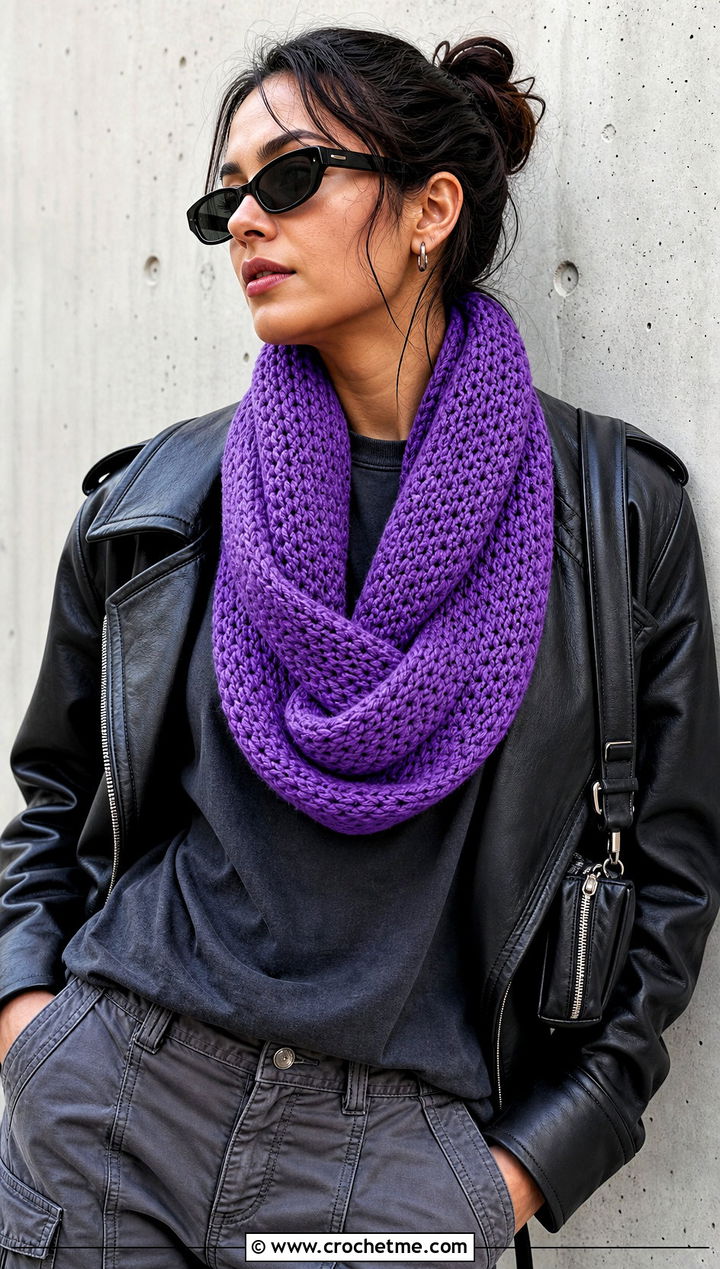 Mobius Infinity Scarf With Leather Jacket - 15 One Skein Crochet Infinity Scarf outfit ideas