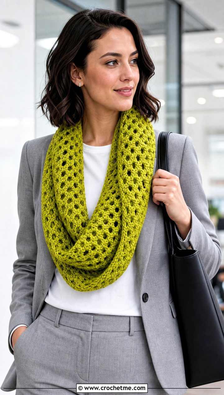 Mobius Lattice Double Length Crochet Cowl With Tailored Blazer - 15 Double Length Crochet Cowl outfit ideas