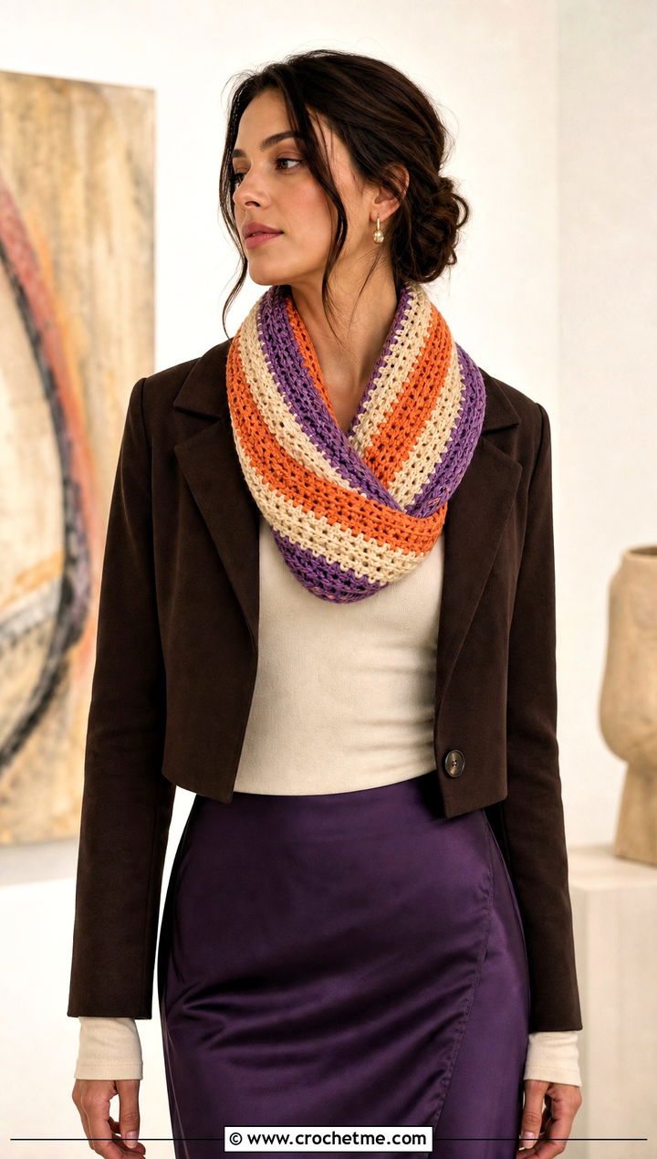 Mobius Striped Crochet Cowl With Satin Skirt - 15 striped crochet cowl outfit ideas