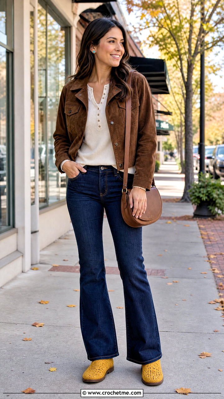 Moccasin Crochet Booties With A Suede Jacket - 35 crochet booties outfit ideas