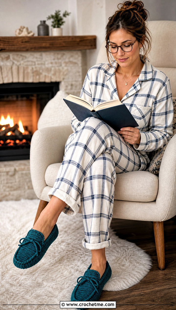 Moccasin Crochet House Slippers With Flannel Pajamas - 15 Easy Crochet House Slippers Stephanie Zed outfit ideas