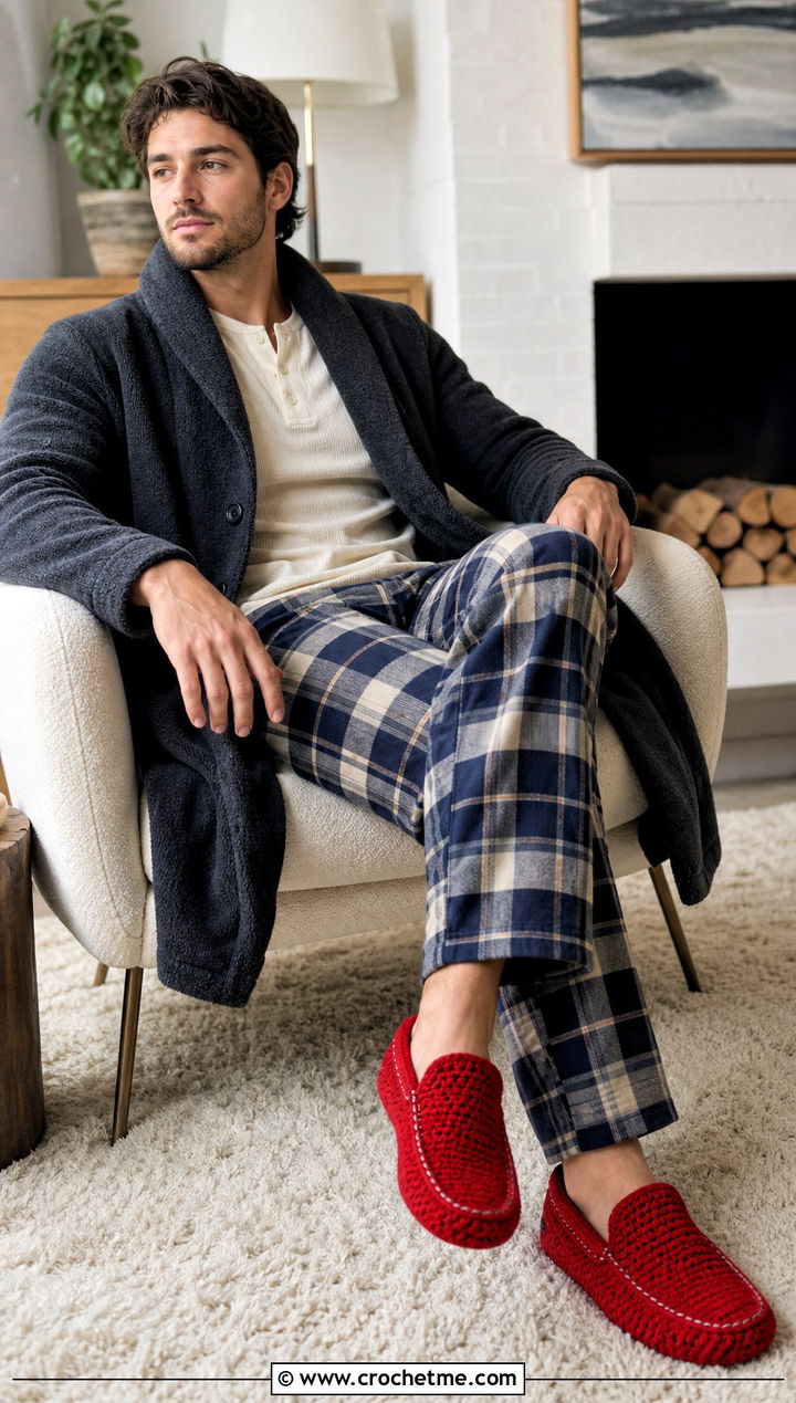 Moccasin Crochet Mens Slippers With Flannel Pajamas - 30 crochet men's slippers outfit ideas