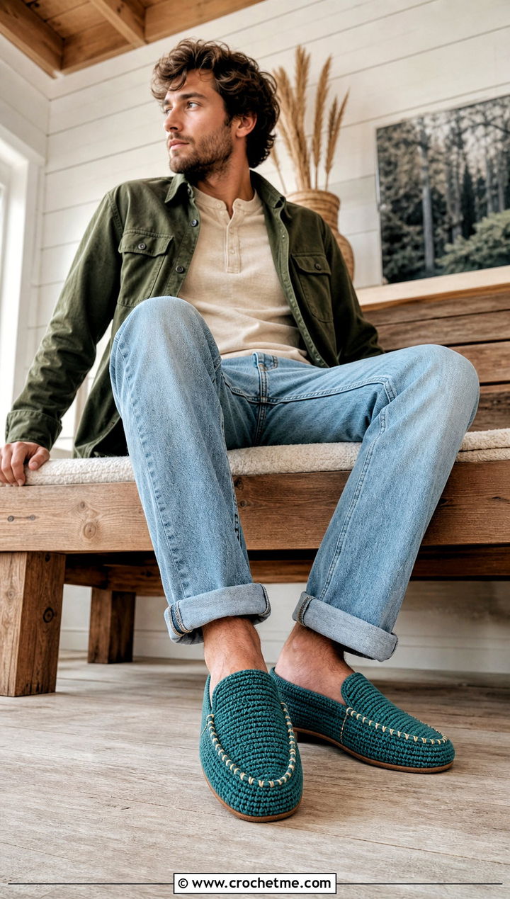 Moccasin Crochet Mens Slippers With Jeans And Henley Shirt - 15 Easy Crochet Mens Slippers outfit ideas