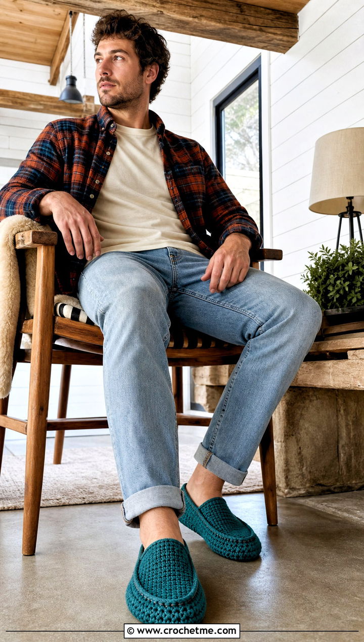 Moccasin Crochet Slippers With Flannel Shirt And Jeans - 30 easy mens crochet slippers outfit ideas