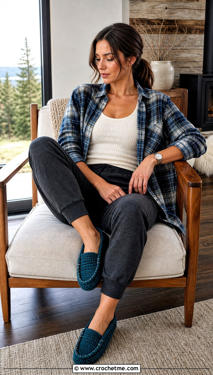 Moccasin Crochet Slippers With Flannel Shirt And Joggers - 25 Easy Crochet Slippers For Beginners outfit ideas