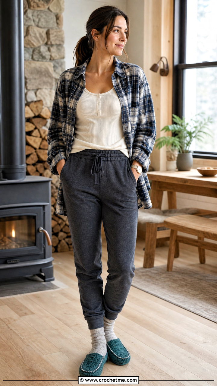 Moccasin Crochet Slippers With Flannel and Joggers - 35 easy crochet slippers adult outfit ideas