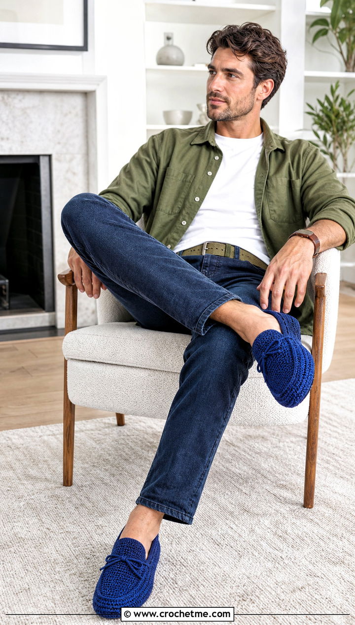 Moccasin Crochet Slippers With Jeans - 25 crochet slippers for men outfit ideas