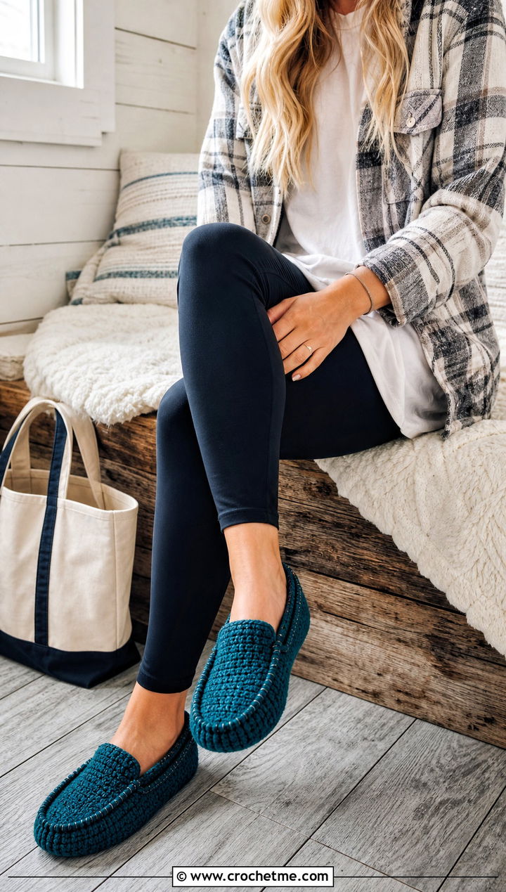 Moccasin Crochet Slippers With Leggings And Shacket - 25 Quick And Easy Crochet Slippers outfit ideas