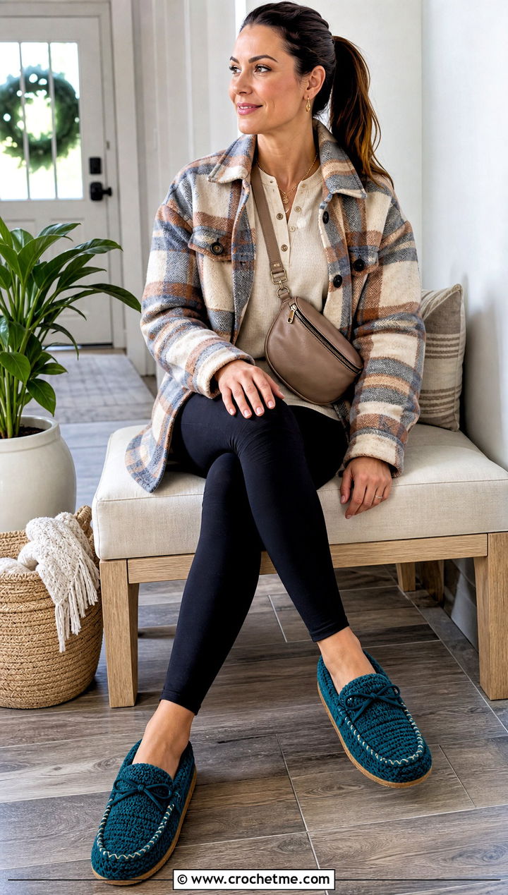 Moccasin Crochet Slippers With Leggings And Shacket - 25 Cute Crochet Slippers outfit ideas
