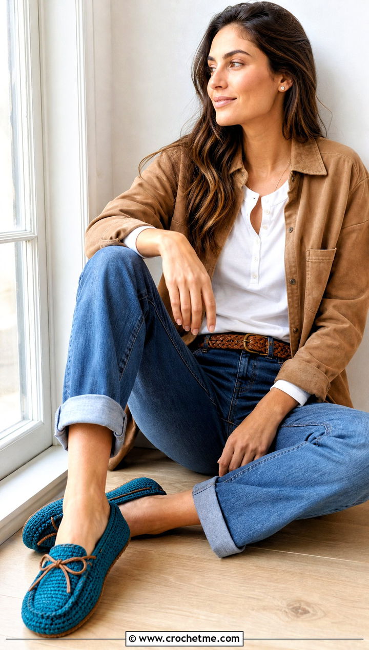 Moccasin Crochet Slippers With Straight Leg Denim - 15 Women's Crochet Slippers outfit ideas