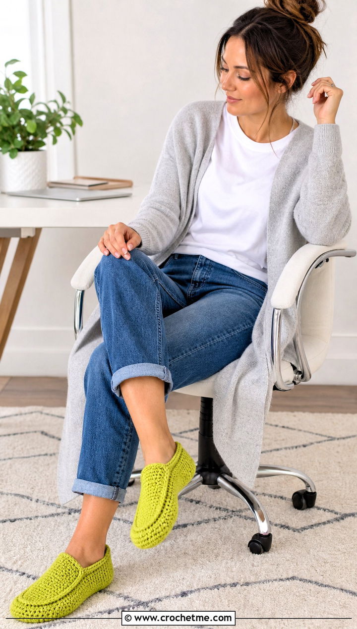 Moccasin Crochet Sock Slippers With Jeans And Cardigan - 25 crochet sock slippers outfit ideas