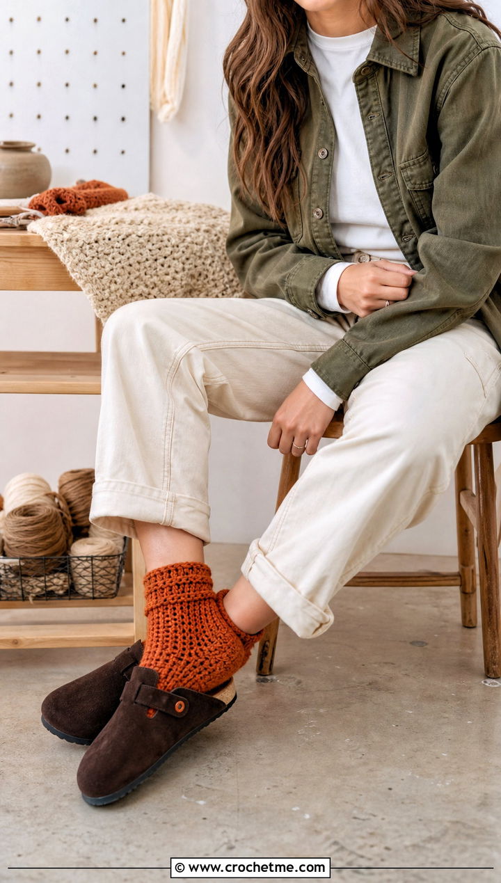 Moccasin Crochet Socks With Shacket And Carpenter Pants - 25 men's crochet socks outfit ideas