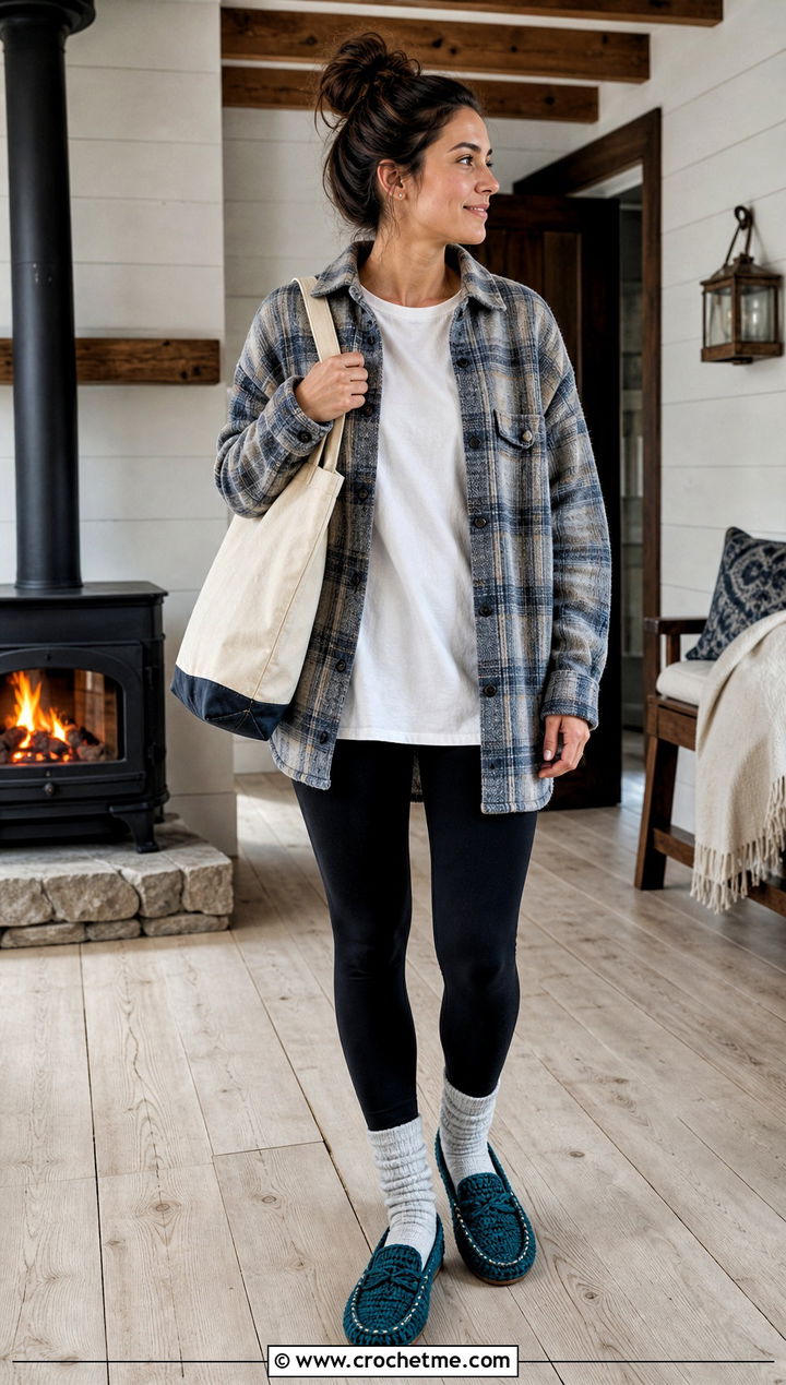 Moccasin Crocheted Slippers With Leggings and a Shacket - 35 crocheted slippers outfit ideas