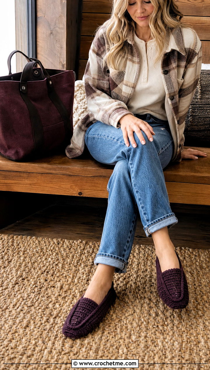 Moccasin Flat Crochet Socks With Shacket And Straight Jeans - 25 flat crochet sock outfit ideas