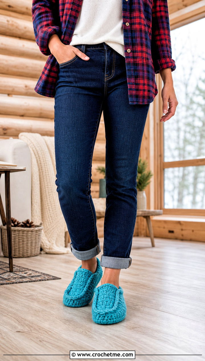 Moccasin Folded Crochet Slippers With Flannel Shirt - 25 Folded Crochet Slippers outfit ideas