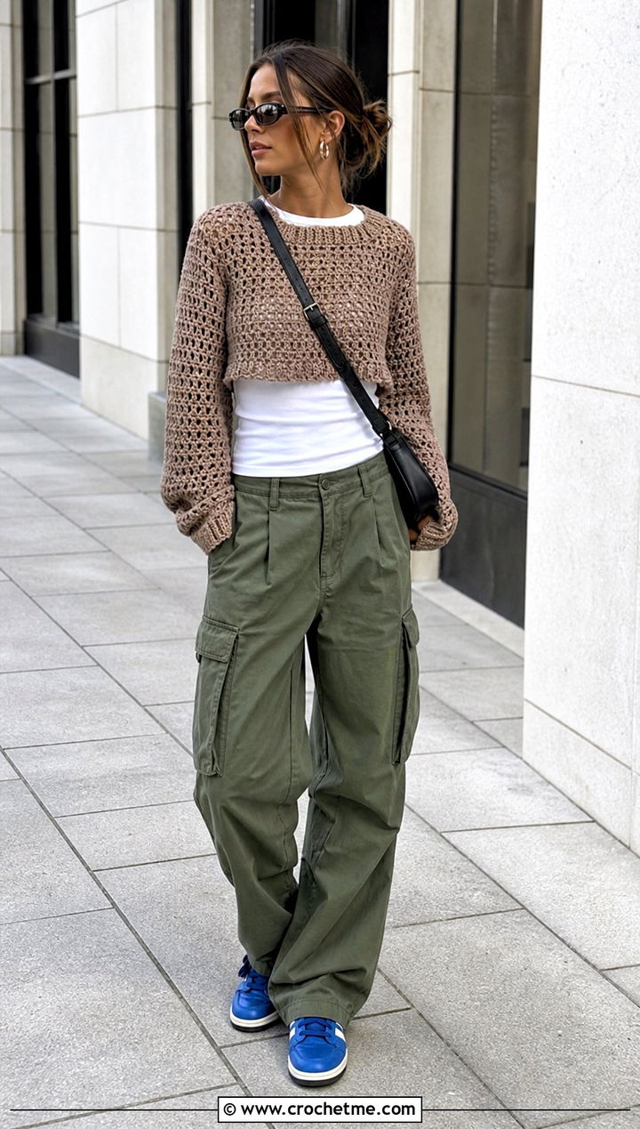 Mocha Cropped Crochet Sweater With Cargo Pants - 15 Brown Crochet Sweater Design outfit ideas