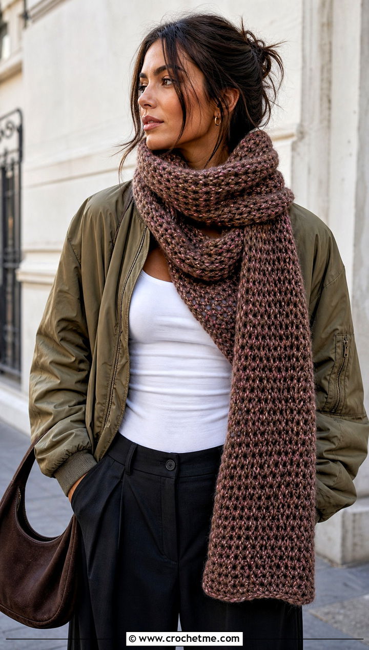 Mocha Extra Long Crochet Scarf With Bomber Jacket - 15 neutral tone crochet scarf outfit ideas