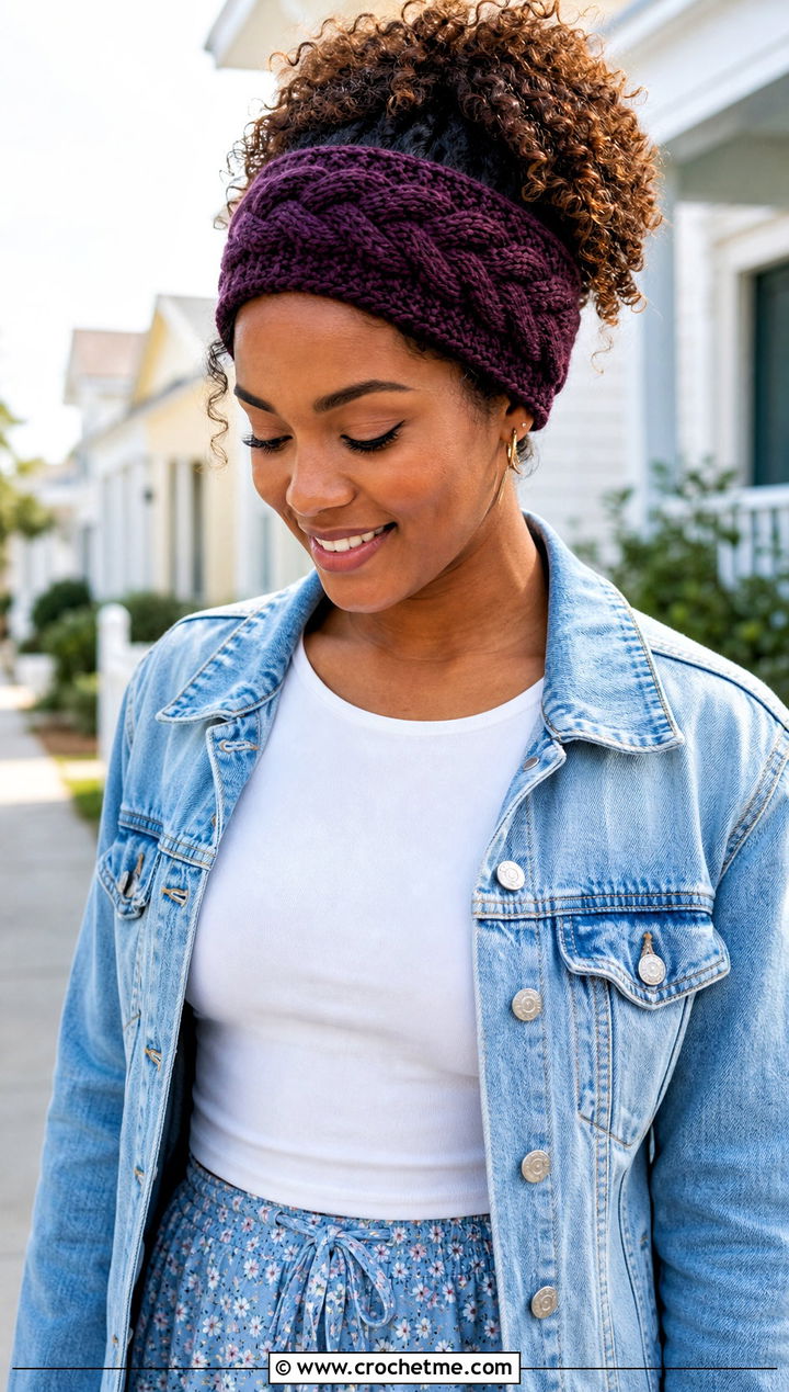 Mock Cable Earwarmer With Denim Jacket and Maxi Skirt - 15 easy crochet cable headband earwarmer outfit ideas