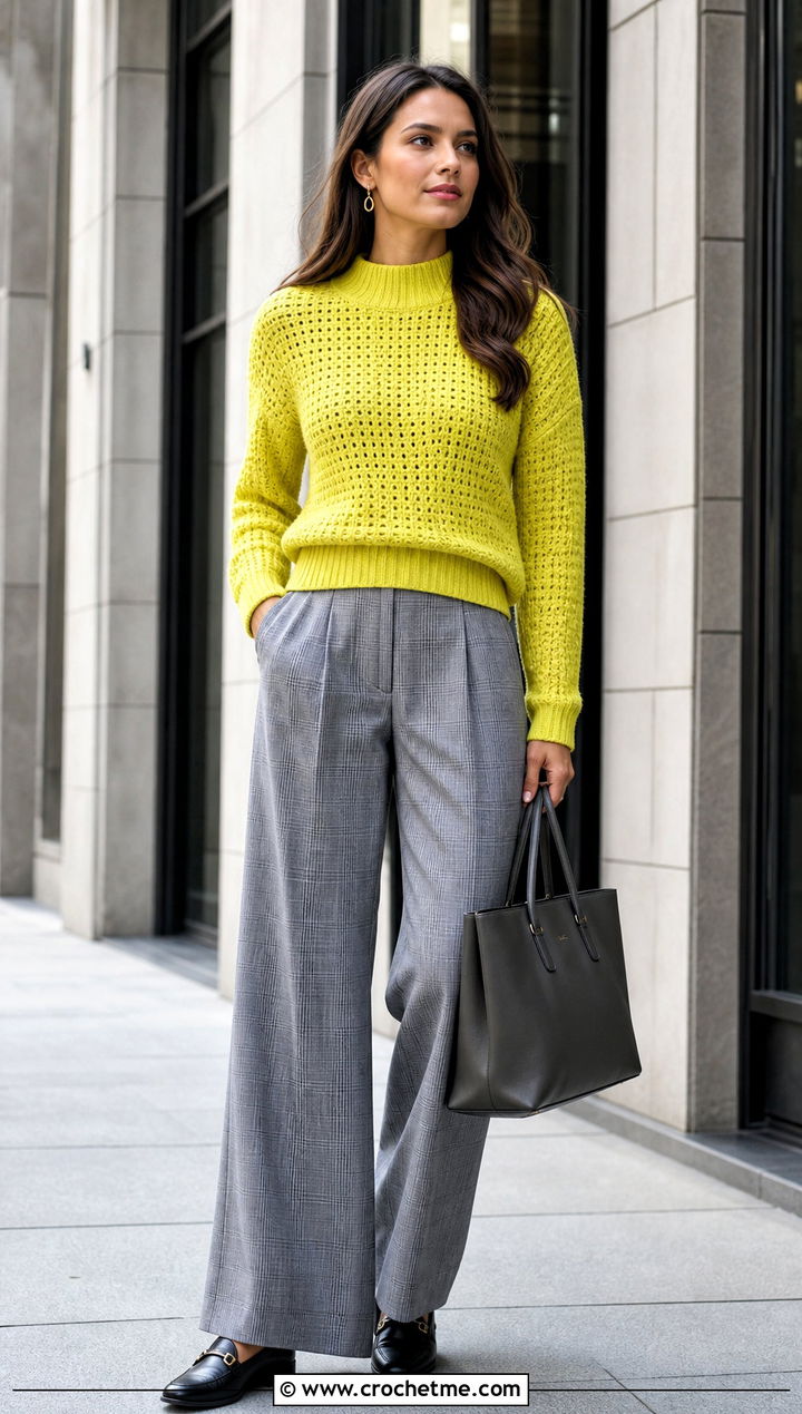 Mock Collar Crochet Sweater With Plaid Trousers - 35 crochet sweater with collar outfit ideas