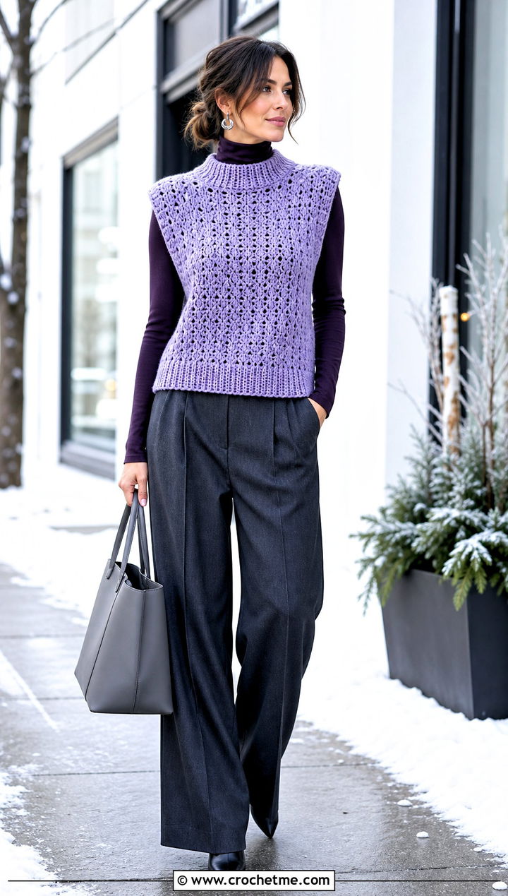 Mock Collar Crochet Vest With Turtleneck And Trousers - 25 crochet vest with collar outfit ideas