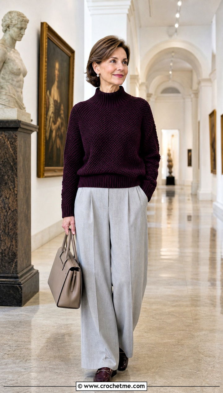 Mock Neck Alpine Stitch Sweater With Pleated Trousers - 25 crochet alpine stitch sweater outfit ideas