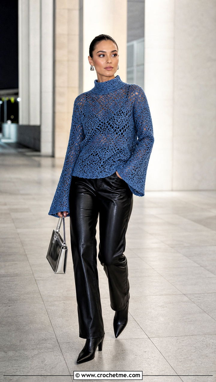 Mock Neck Bell Sleeve Crochet Sweater With Leather Pants - 25 crochet sweater bell sleeves outfit ideas