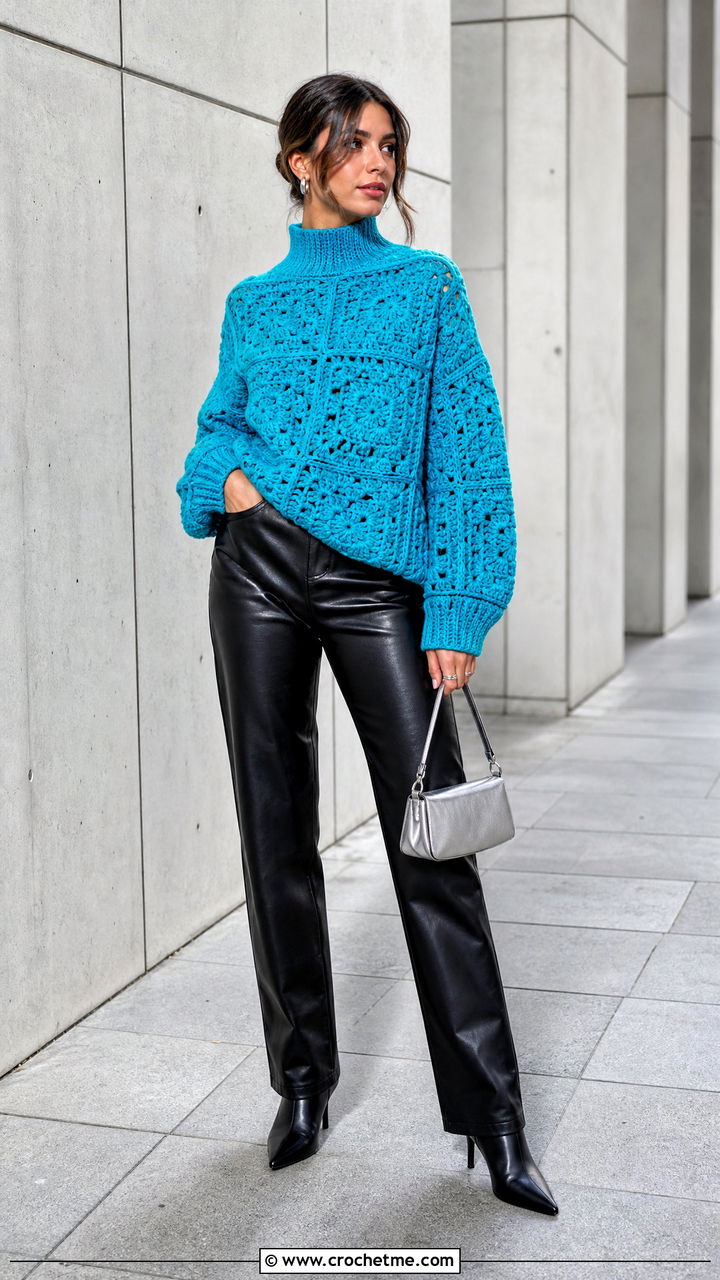 Mock Neck Big Granny Square Sweater With Leather Pants - 35 big granny square sweater outfit ideas