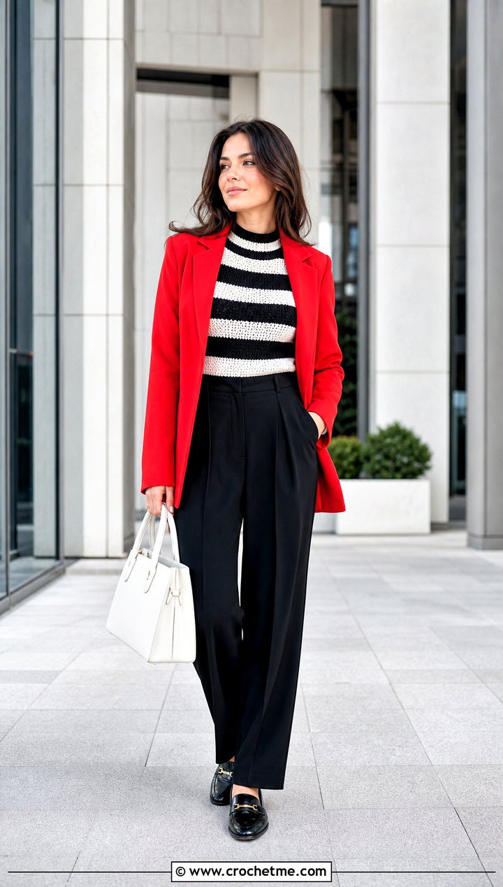 Mock Neck Black And White Striped Crochet Sweater With Suit Trousers - 25 black and white striped crochet sweater outfit ideas