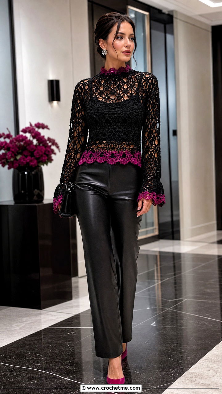 Mock Neck Black Crochet Sweater With Leather Pants - 35 black crochet sweater outfit ideas