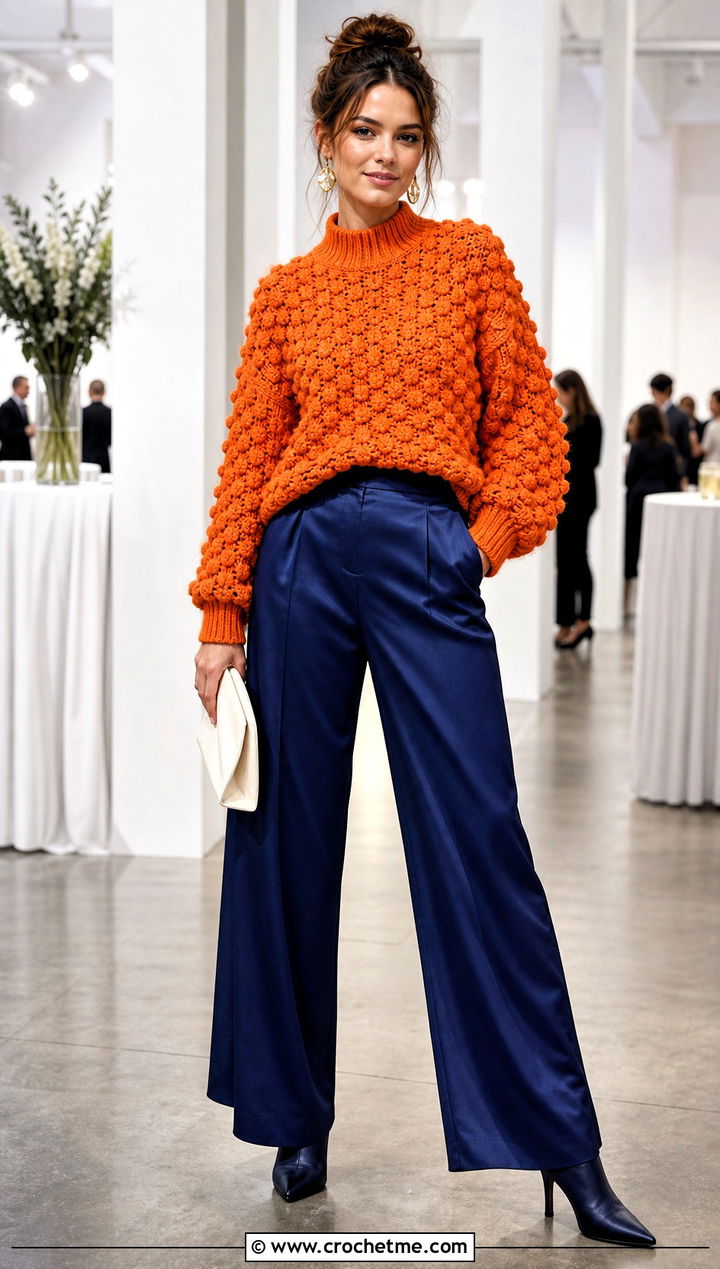 Mock Neck Bobble Sweater With Satin Pants - 25 crochet bobble sweater outfit ideas
