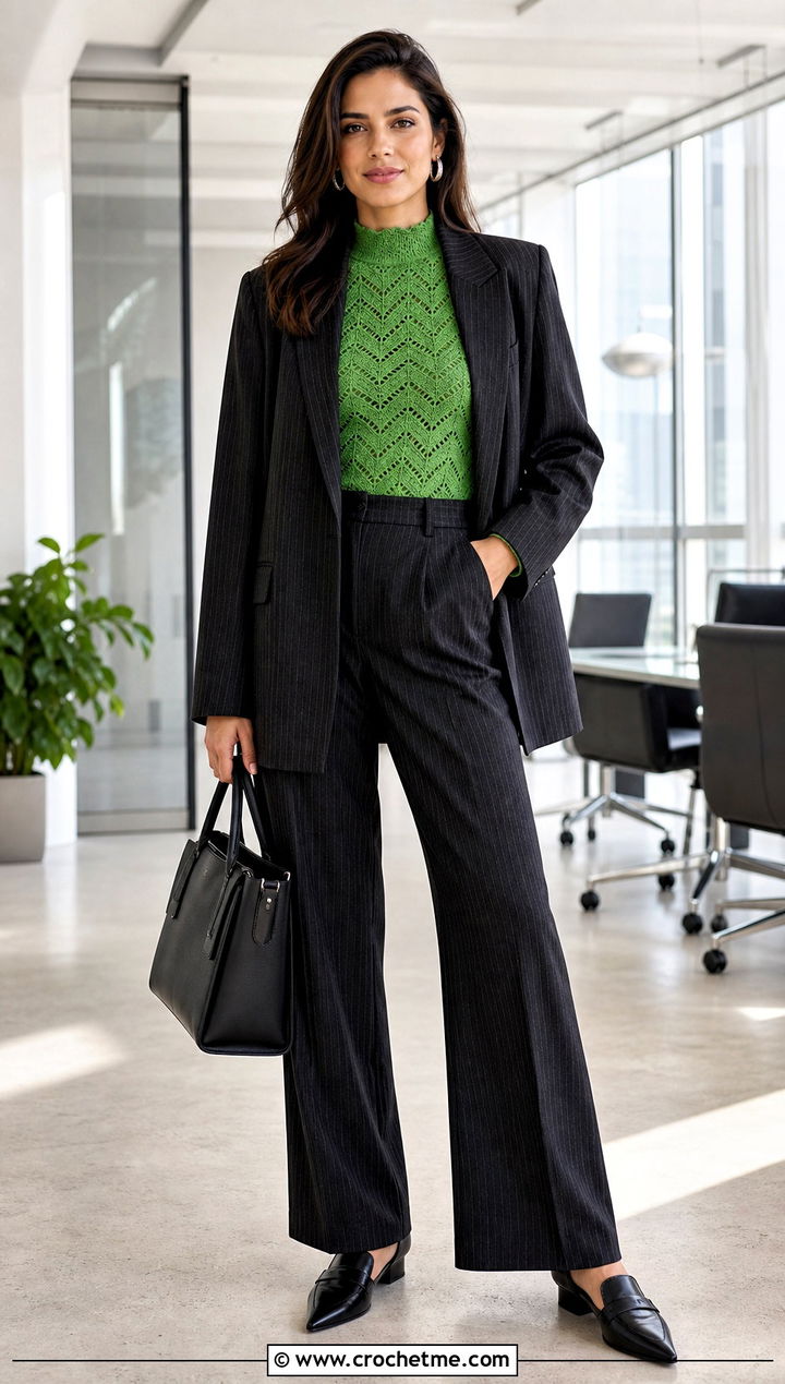 Mock Neck Chevron Crochet Top With Pinstripe Suit - 30 crochet chevron top outfit ideas