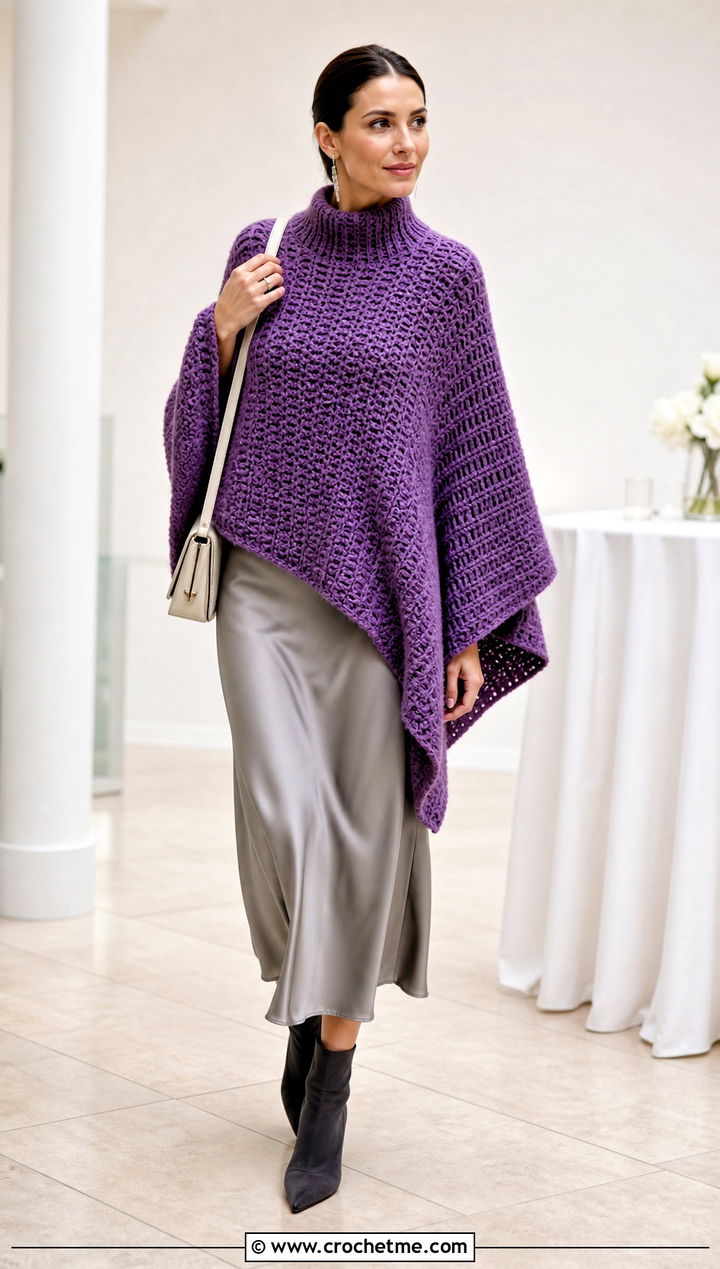 Mock Neck Chunky Crochet Poncho With Satin Skirt - 25 Chunky Crochet Poncho outfit ideas