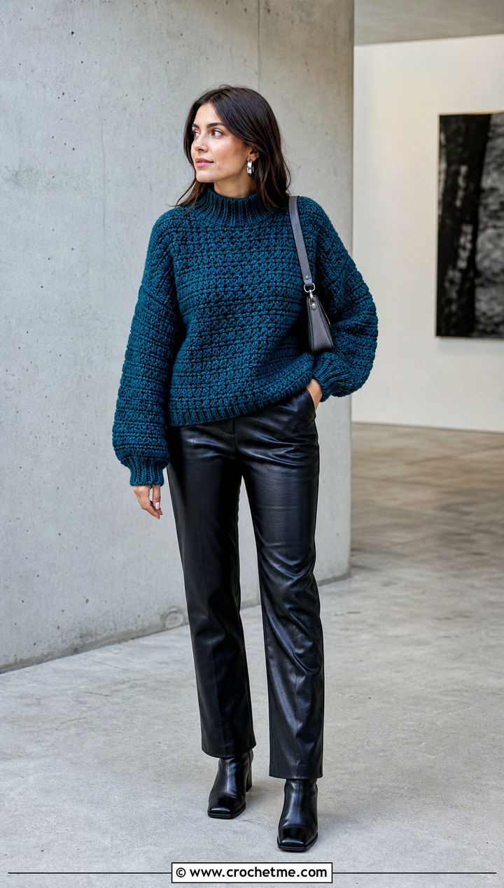 Mock Neck Chunky Crochet Sweater With Faux Leather Pants - 25 Easy Chunky Crochet Sweater outfit ideas