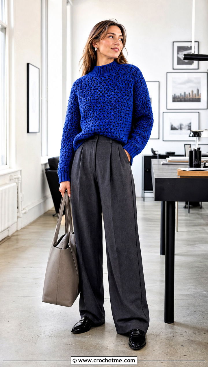 Mock Neck Chunky Crochet Sweater With Pleated Trousers - 25 Chunky Crochet Sweaters outfit ideas
